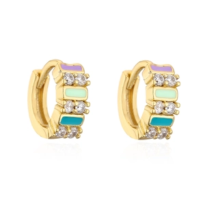Detail of gold-plated hoop earrings with multicolor enamel and sparkling zircon accents