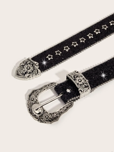 Detail view of black sequined western belt with floral engraved buckle and star studs