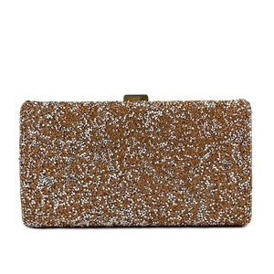Close-up of sparkling rhinestone clutch bag showing brown and silver glitter texture