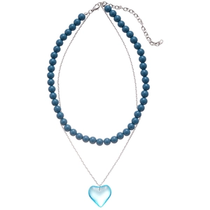 Double-layer necklace with blue round beads and a translucent heart-shaped pendant