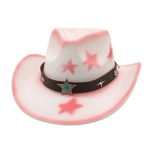 Pink and white gradient western cowboy hat with star motifs and studded faux leather band