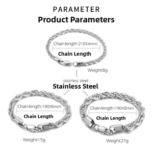Size chart for stainless steel twist rope bracelets showing lengths and weights