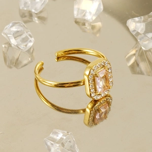 Adjustable Pink Rectangular Zircon Ring Stainless Steel 18K Gold Plated Open Finger Jewelry For Women Elegant Retro