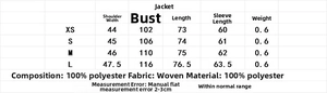 Detailed size chart for faux suede leather jacket showing shoulder and chest measurements