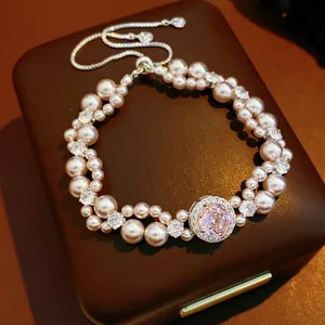 Double Layer Artificial Pearl Bracelet Pink Cubic Zircon Round Center Stone Adjustable Copper Fashion Jewelry For Women