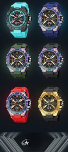 Detailed grid view of waterproof sport watch showing various vibrant color options and dual display