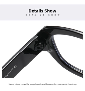 Macro detail of durable metal hinges and engraved specifications on black cat-eye glasses