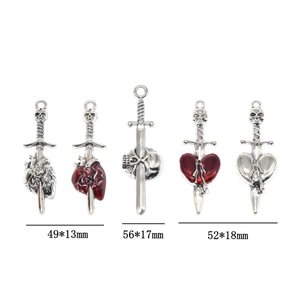 Gothic DIY jewelry charms set with skeleton sword and heart pendants in antique silver