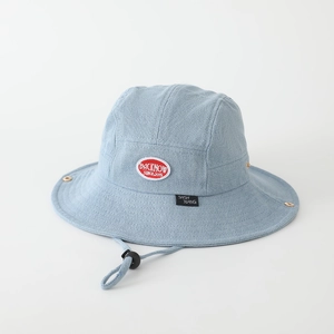 Detail of light blue denim sun hat with red patch embroidery and adjustable wind cord