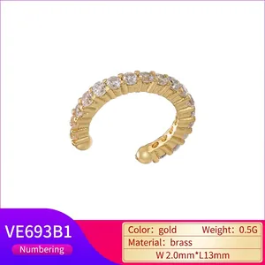 Gold-plated brass C-shaped ear cuff with pave-set cubic zirconia stones, 13mm size