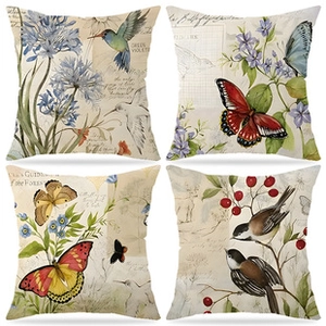 Detailed grid view of four linen-textured pillow covers with vintage floral and bird prints