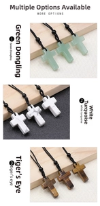 Macro detail of cross pendants in Green Aventurine, White Turquoise and Tiger Eye stone