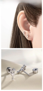 Detail of silver cactus cartilage earring with zircon and secure screw back closure