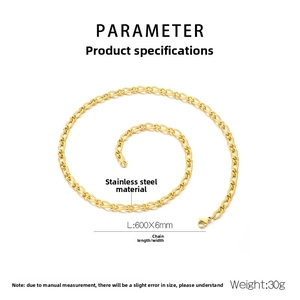 Detailed specs of 600mm x 6mm stainless steel gold chain necklace weighing 30g