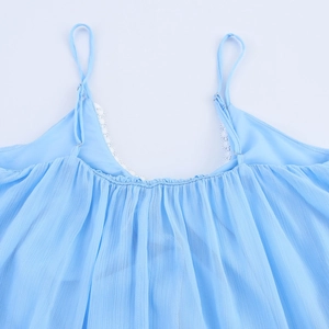Light blue chiffon slip dress with ruffled neckline and delicate lace trim detail