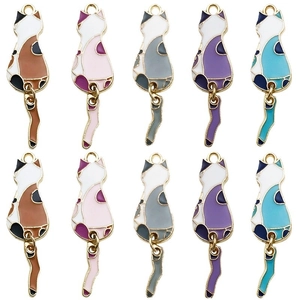 Set of 10 colorful enamel cartoon cat charms with gold plating for DIY jewelry making