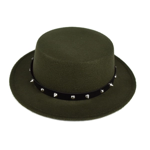 Detail of dark green wool boater hat featuring black leather band and silver metal studs