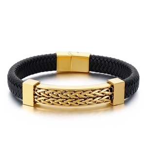 Men's braided leather bracelet with golden stainless steel magnetic clasp on white background