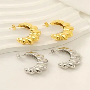 Croissant Hoop Earrings Stainless Steel Wavy Texture C Shaped 18K Gold Plated Ins Style Jewelry For Women