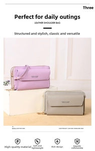 Detail view of stylish crossbody cell phone bags in purple and taupe with multiple zippers