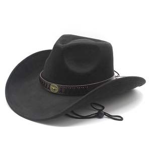 Black faux suede cowboy hat with rolled brim and bull head leather band decoration