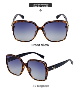 Detail of square polarized sunglasses with tortoiseshell frame and blue-gray gradient lenses