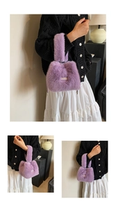 Detailed views of a purple faux fur bucket bag with a soft handle and decorative label