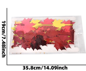 Detail view of maple leaf fringe curtain packaging with 19cm height measurement line