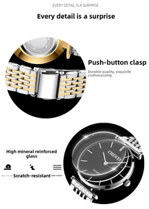 Close-up of CHENXI watch clasp and mineral glass dial showing slim metal profile