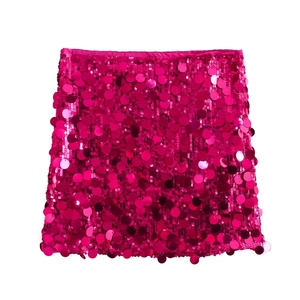 Fuchsia sequin mini skirt for parties with a high-waisted elastic band on white background