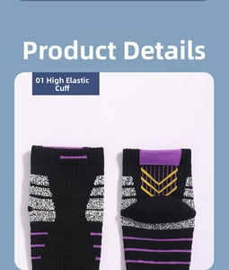 Close-up of high-elasticity ribbed cuffs on professional athletic crew socks with stripe patterns