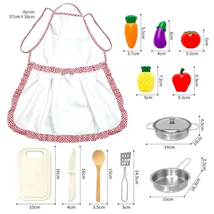Kids kitchen role play set including red checkered apron and stainless steel cookware