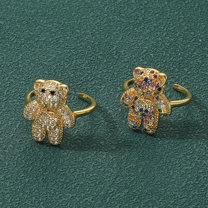 Cute Teddy Bear Ring Copper With Colorful Zircon Adjustable Open Design Fashion Jewelry Gift For Women
