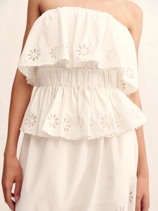 White sleeveless midi dress with layered ruffles and floral lace embroidery detailing