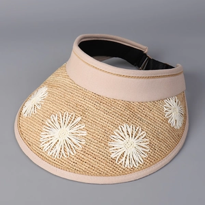 Detail of straw sun visor featuring white daisy embroidery and adjustable black strap