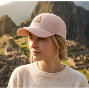 Close-up of pink washed baseball cap with distressed brim and round embroidery detail