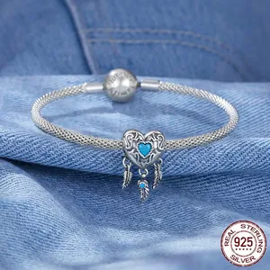 925 silver heart dreamcatcher charm bracelet with blue stone and Forever Family clasp
