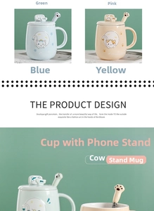 Ceramic cat mug set with phone holder lid and paw spoon in four pastel colors