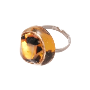 Vintage resin leopard print open ring with amber geometric stone and silver adjustable band