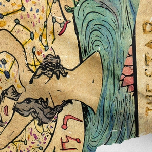 Macro detail of The Star tarot tapestry showing woven fabric texture and vintage celestial art