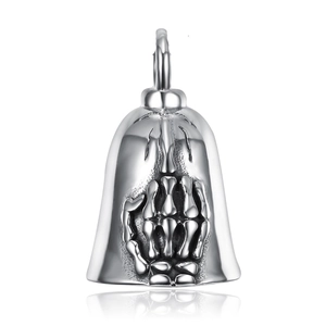 Silver skull hand middle finger bell pendant in polished stainless steel for bikers