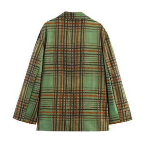 Completo blazer da donna a quadri verdi con vista posteriore della giacca arancione e marrone