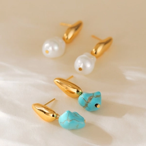 Elegant 18K gold-plated earrings featuring irregular baroque pearls and turquoise stones