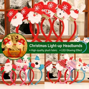 LED Christmas headband set featuring Santa, Snowman, and Reindeer with glowing lights