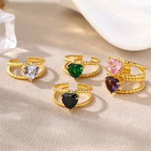 Fashion Adjustable Open Ring Stainless Steel Gold Plated Colorful Zircon Heart Square Geometric For Women Elegant