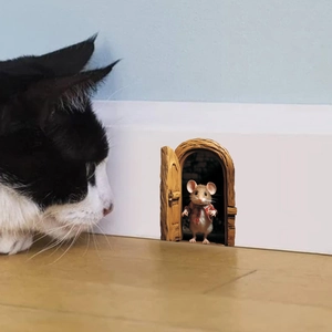 Sticker mural 3D petit trou de souris avec chat curieux pour décor de maison
