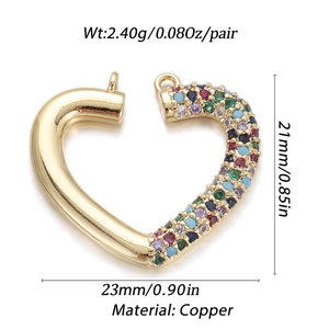 Detail view of a 23mm gold-plated copper heart pendant with colorful zircon stones