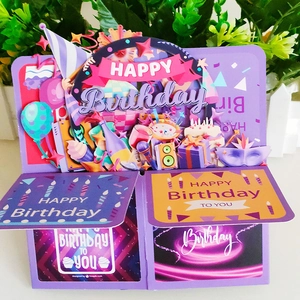 3D pop-up purple birthday card with cake, balloons and champagne party elements