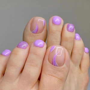 Purple Glitter Wave Line Press On Toe Nails Wearable Glossy Artificial Toenails For Women Foot Decoration