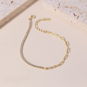 925 silver gold-tone spliced bracelet featuring tennis chain and rectangular link design
